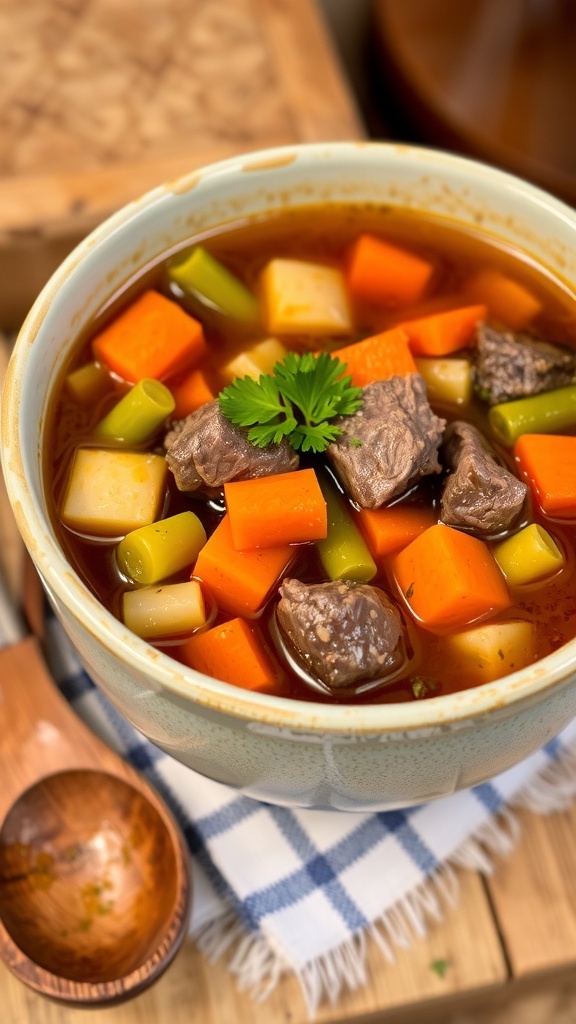 A bowl of beef and vegetable soup with chunks of beef, carrots, and green beans, garnished with parsley, in a cozy kitchen.